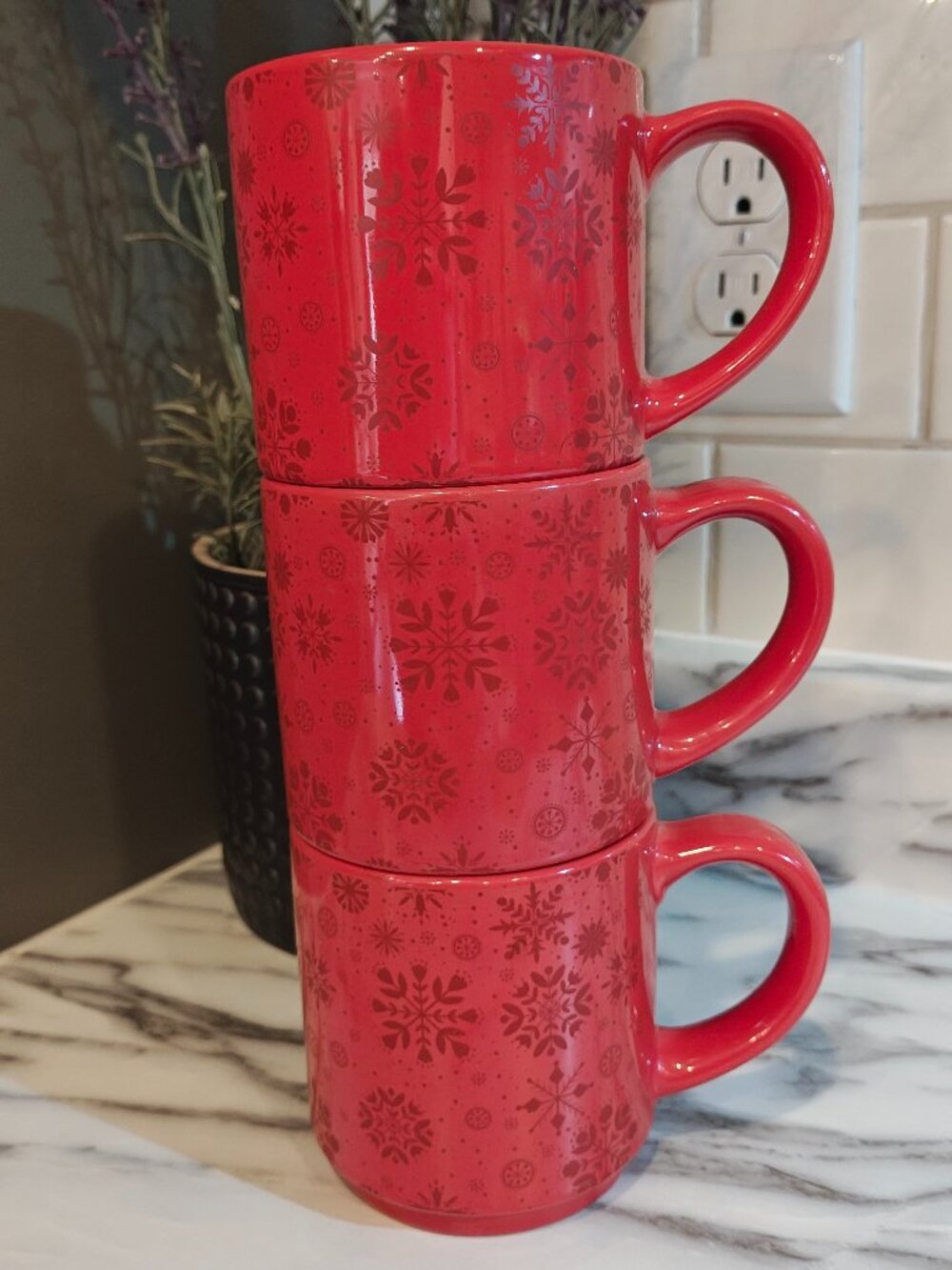 2021 Tim Hortons Holiday Red Snowflake Stackable Ceramic Mugs Set of 3